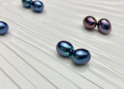 AAA One Pair 7.5-8x10-11 mm Top Quality High Luster Rice/Oval Half Drilled Freshwater Pearl Beads Genuine Peacock Color Earring Pearls #1580