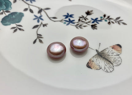 ONE Pair AAAAA 12-13 mm Ultra Dark Natural Mauve Purple Top Quality Super High Luster Half Drilled Paired Earring Thick Coin Pearls #P1153-A