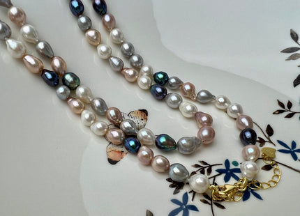 18/20/22/24/26/28 Inches Hand Knotted 7-8mm AAA Mixed White Pink Peacock Barouque Pearl Necklace With Silver/Gold Filled Clasp #P2270