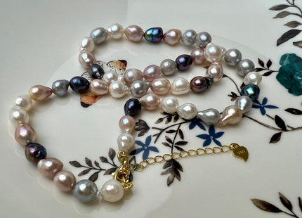 18/20/22/24/26/28 Inches Hand Knotted 7-8mm AAA Mixed White Pink Peacock Barouque Pearl Necklace With Silver/Gold Filled Clasp #P2270